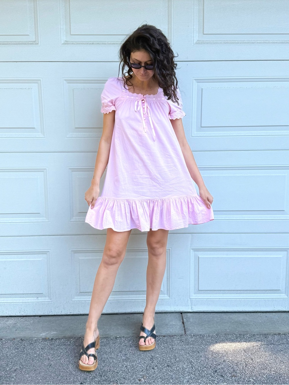 Pink Cotton Ruffle Hem Short Sleeve Nightgown Dress